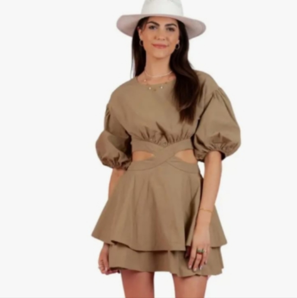Nwt VICI Puff Sleeve Mini Cutout Dress small 4 olive green - Picture 3 of 13